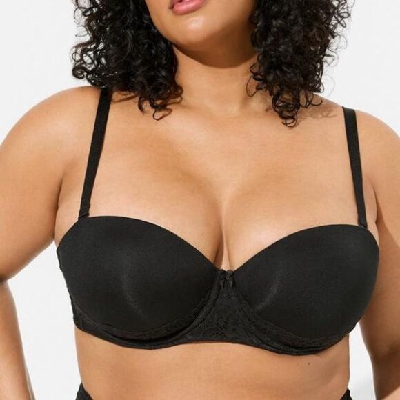 Torrid Bra Women’s 38DDD Curve Black Lace Bombshell Everyday Strapless Push-Up - Picture 1 of 7